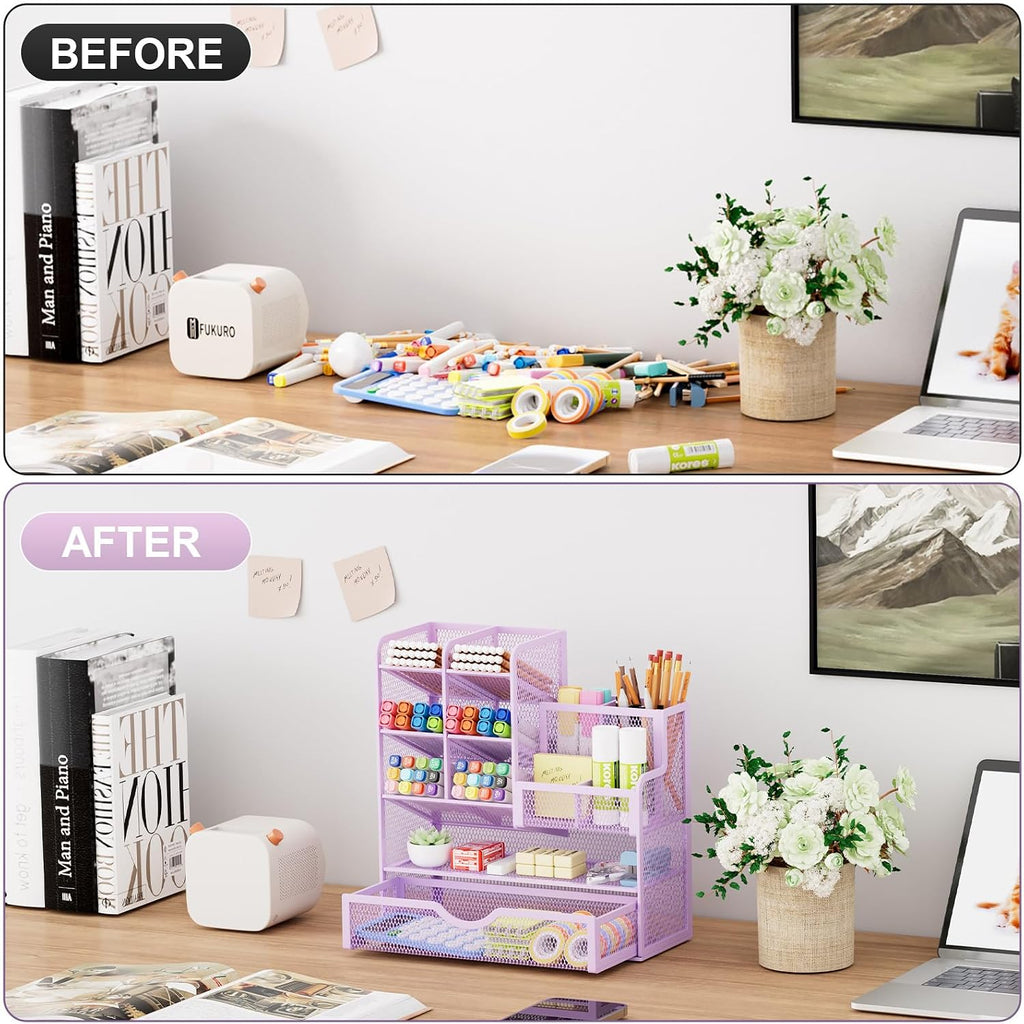 Marbrasse Mesh Pen Holder for Desk, Multi-Functional Pencil Organizer with Drawer, Desk Organizers and Accessories for Office Art Supplies (Purple)
