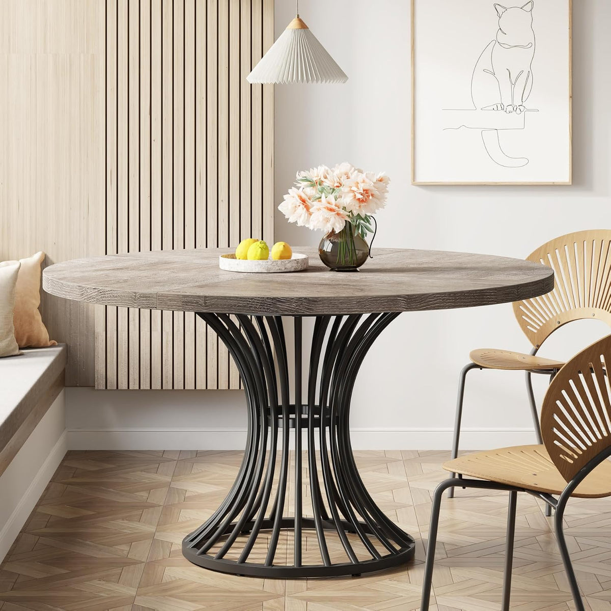 Tribesigns Round Dining Table for 4-6 People, 47-Inch Farmhouse Dinning Room Circle Kitchen Table, Industrial Dinner Table with Metal Base for Kitchen, Living Room, Gray