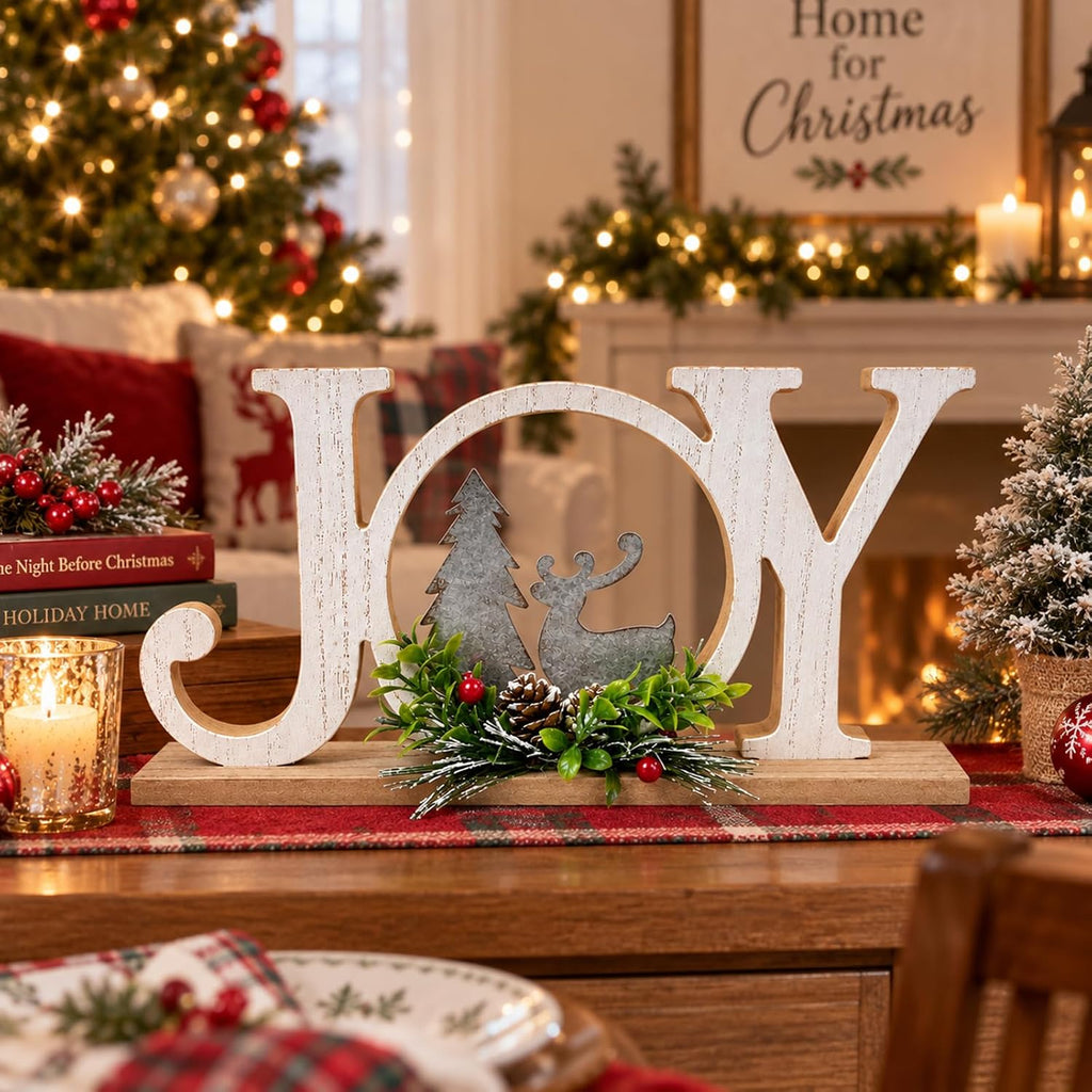 Christmas Table Decorations Joy Farmhouse Christmas Tree Elk Sign Wooden Winter Rustic Decor Vintage Holiday Block for Home Kitchen Xmas Party Mantel Tiered Tray Gift