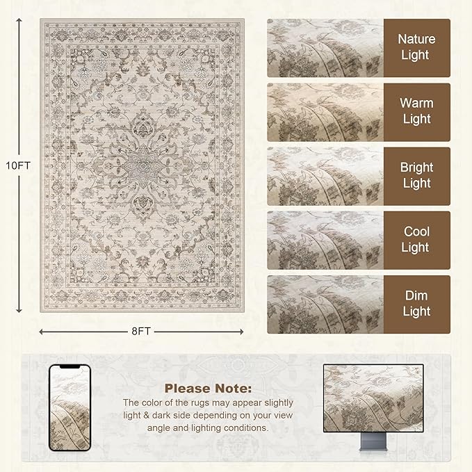 8x10 Area Rugs for Living Room: Washable Rug Soft Vintage Distressed Floral - Image 2