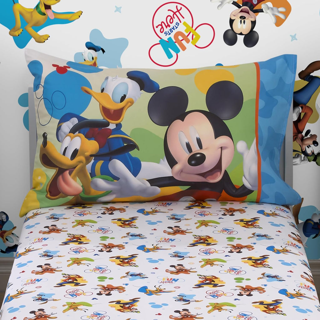 Disney Mickey Mouse Blue, Red, Green, and White, Donald Duck, Pluto, and Goofy, Fun Starts Here 2 Piece Toddler Sheet Set - Fitted Bottom Sheet, and Reversible Pillowcase