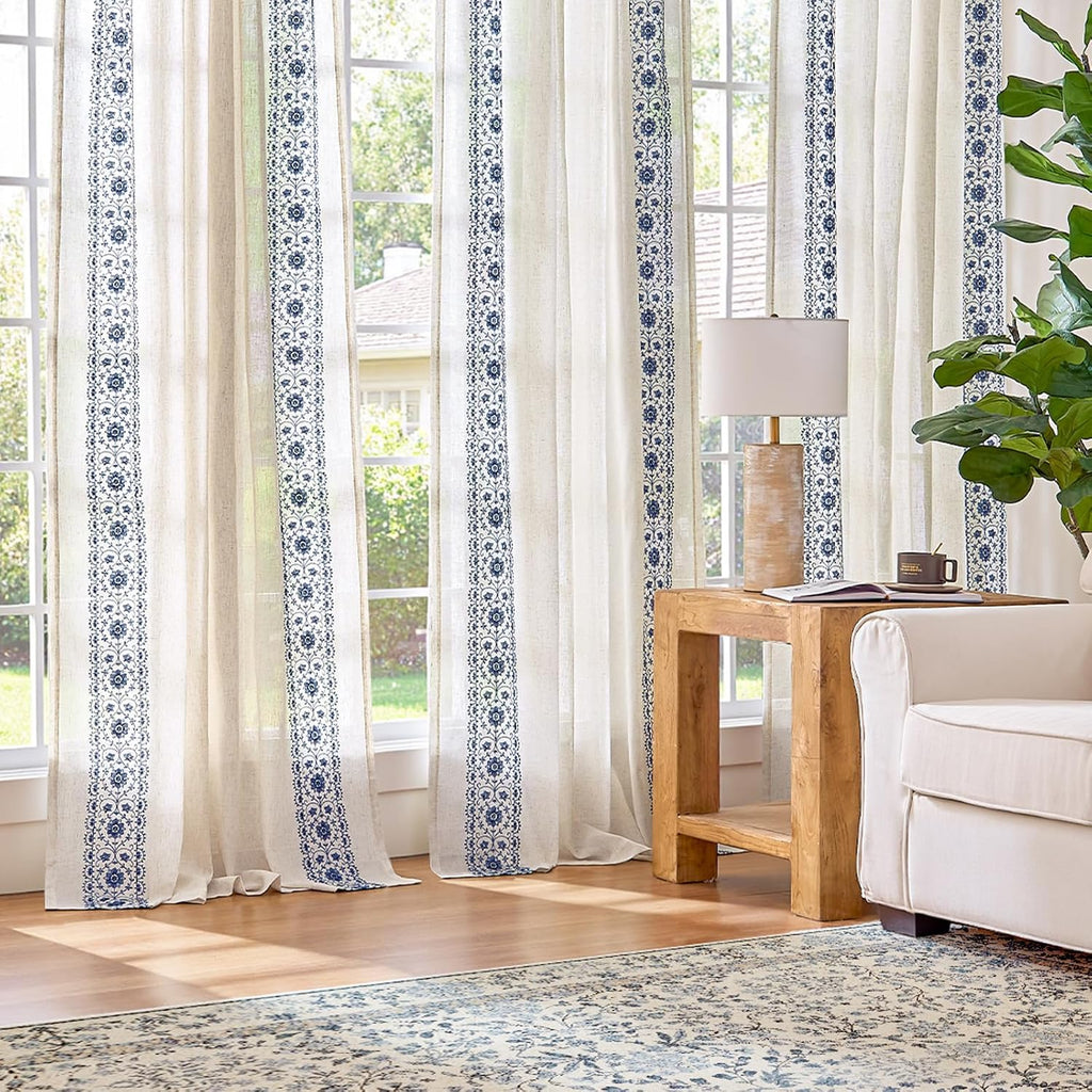 jinchan Floral Lined Linen Curtains Embroidered Back Tab 54Wx84L 2 Panels