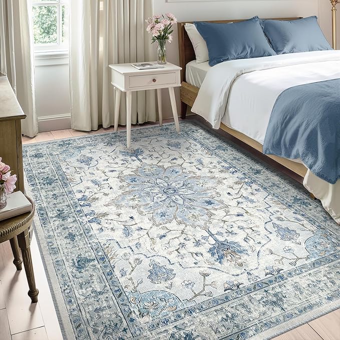 Area Rugs 5'x8' Washable Non-Slip, Floral Vintage Distress Print Pattern - Image 2