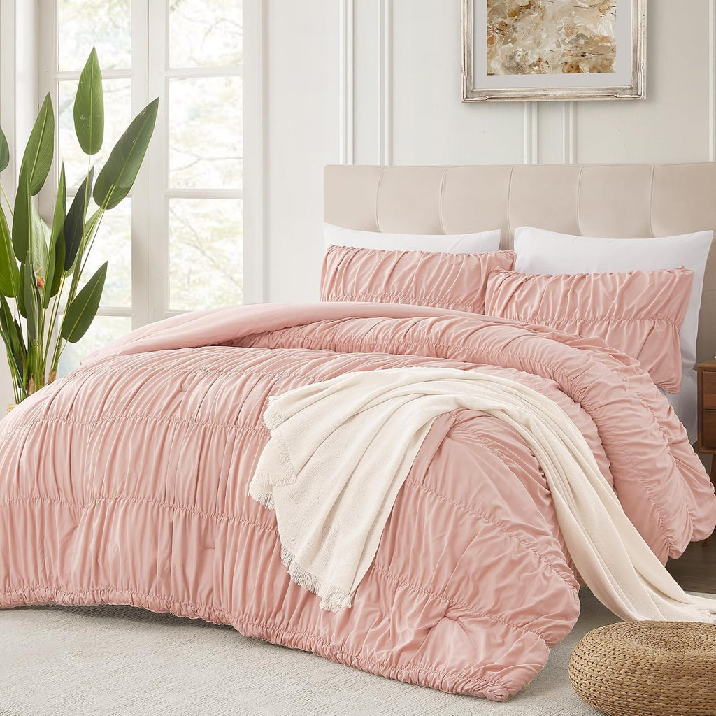 Andency Ruched Blush Pink King Comforter Set, Boho Ruffle Bedding 3 Pieces