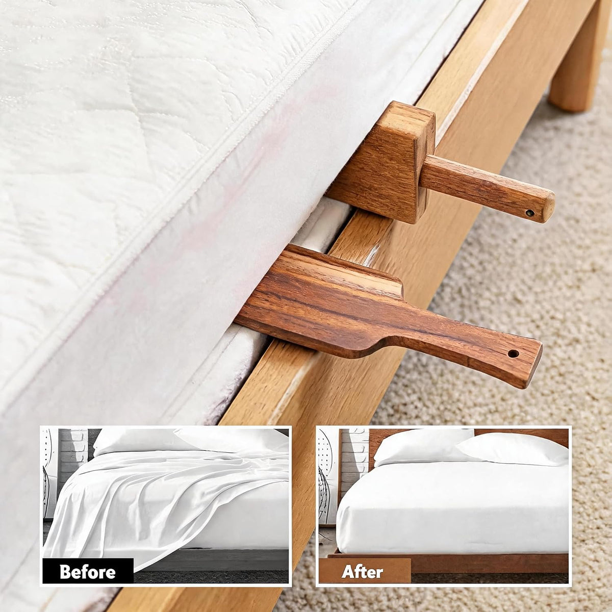 Mattress Lifter & Sheet Tucker Tool Set, Mattress Wedge Elevator, Bed Sheet Tucking Paddle, Used for Lifts & Holds The Mattress, Tucks Sheets, Removes Sheets, Alleviating Back Pain (Walnut)
