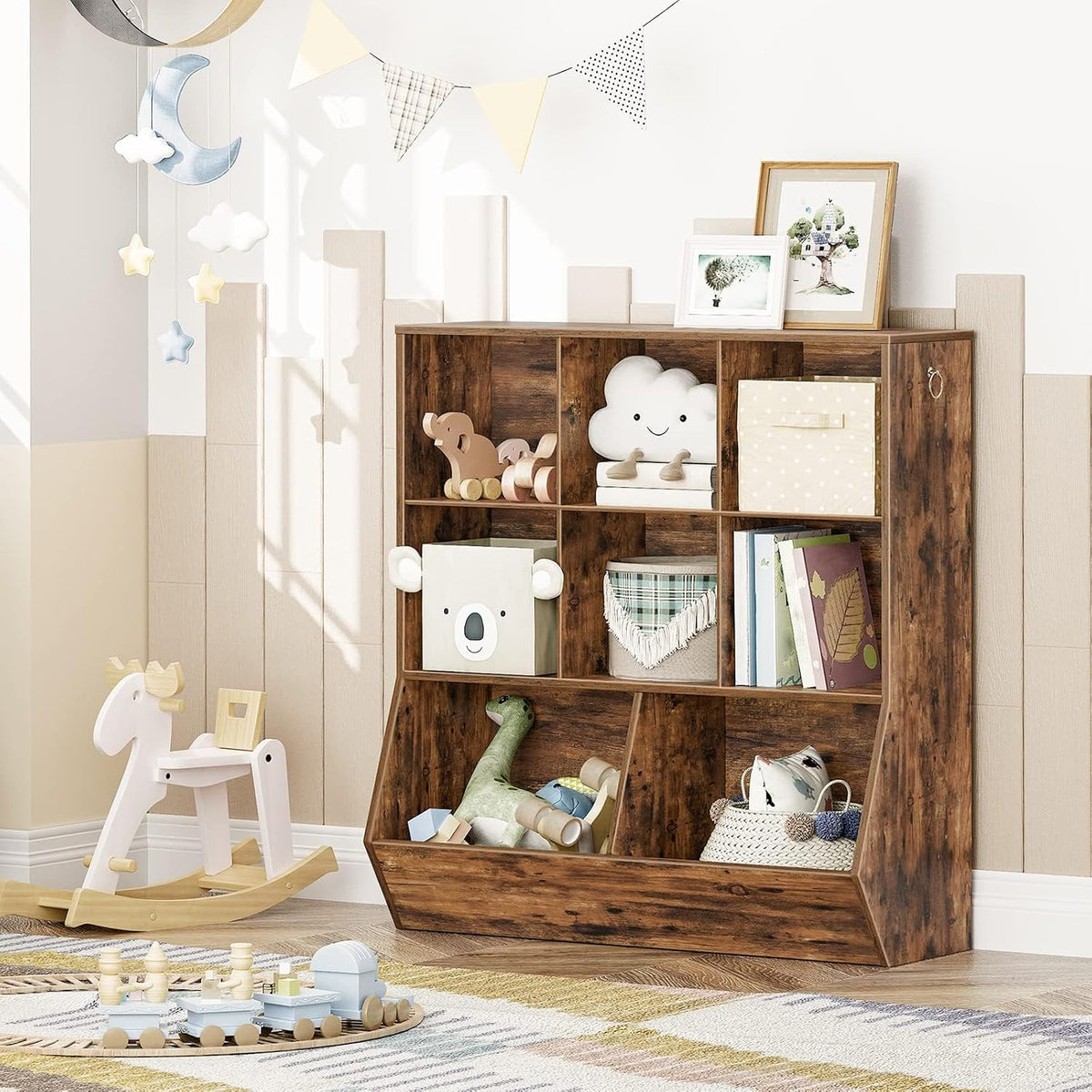 HOOBRO Kids Bookshelf, Toy Storage Cabinet, Kids Toy Organizer, 8 Cubicles, Bookcase Footboard, Bookshelf for Kids, for Playroom, Bedroom, Nursery, School, Rustic Brown FG35CW01G1