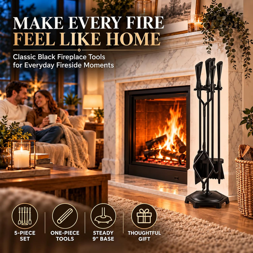 FEED GARDEN 5-Piece Fireplace Tools Set, 10mm Solid Wrought Iron, 10 lb