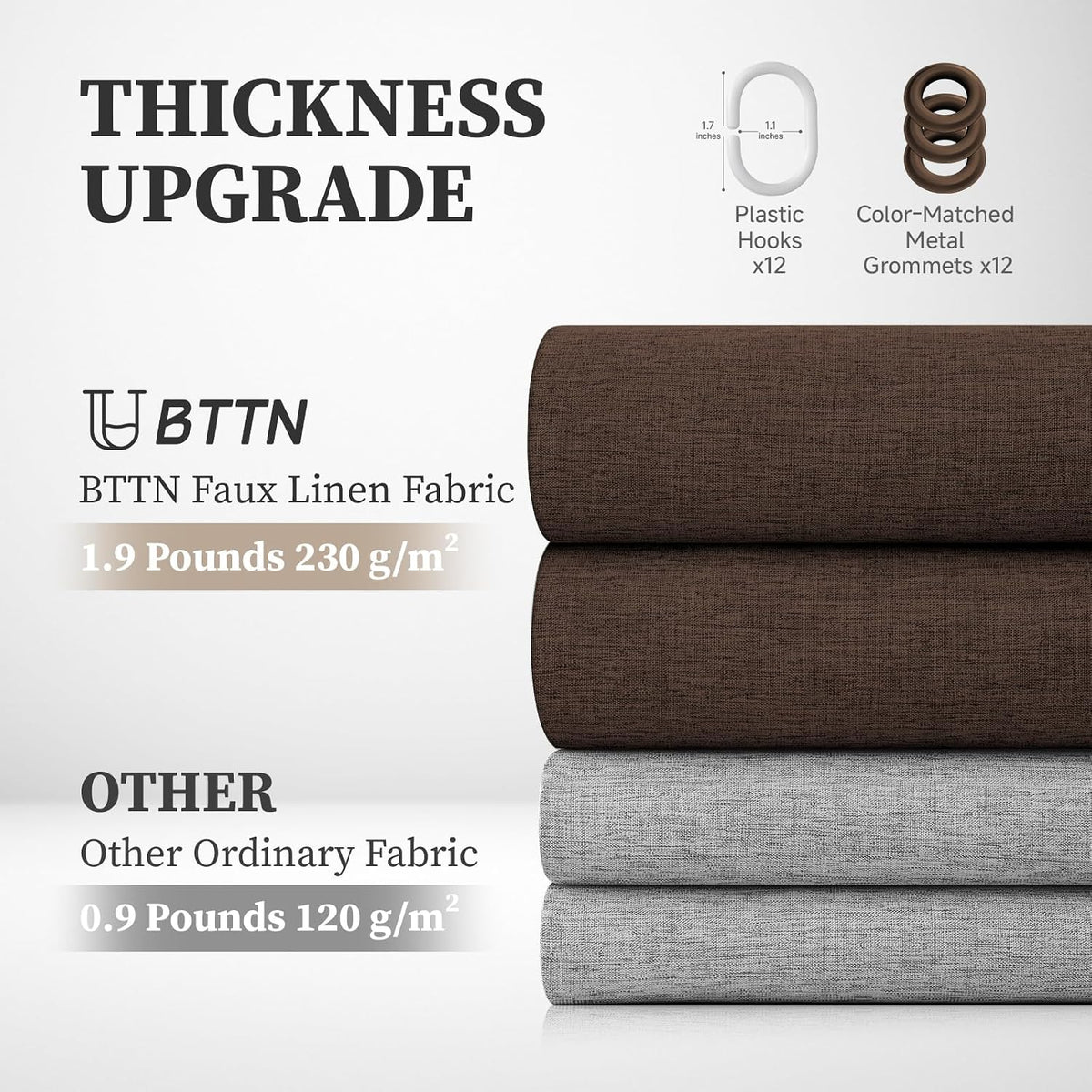 Brown Linen Textured Waterproof Thick Fabric Shower Curtain Set, 72x72