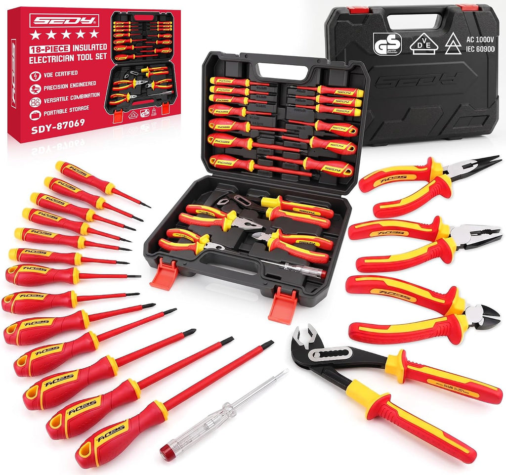 18-Piece Insulated Electrician Tool Set, VDE 1000V Insulated Screwdrivers, Voltage Tester, Long Nose, Diagonal Cutting and Water Pump Pliers for Electrical Work, Home Repair and Maintenance