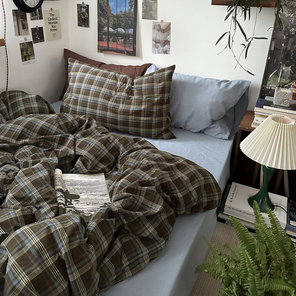 MKXI Full Size Blue, Brown & Green Buffalo Plaid Duvet Cover Set - 3 Piece Vintage Aesthetic Bedding Set, 100% Washed Cotton, Minimalist Design, Soft & Breathable Duvet Cover with Zipper Closure