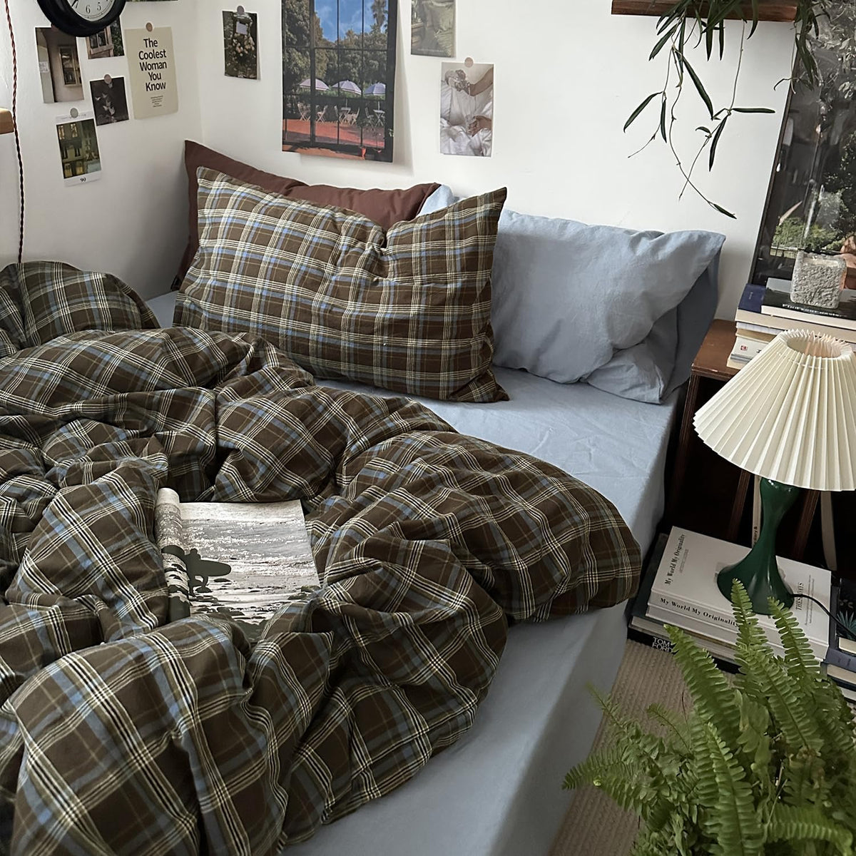 MKXI Full Size Blue, Brown & Green Buffalo Plaid Duvet Cover Set - 3 Piece Vintage Aesthetic Bedding Set, 100% Washed Cotton, Minimalist Design, Soft & Breathable Duvet Cover with Zipper Closure