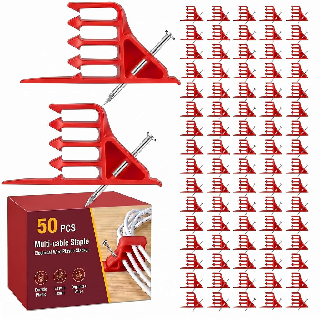 50 Pcs Cable Stacker Wire Staples, Plastic Clips with Nail, Red