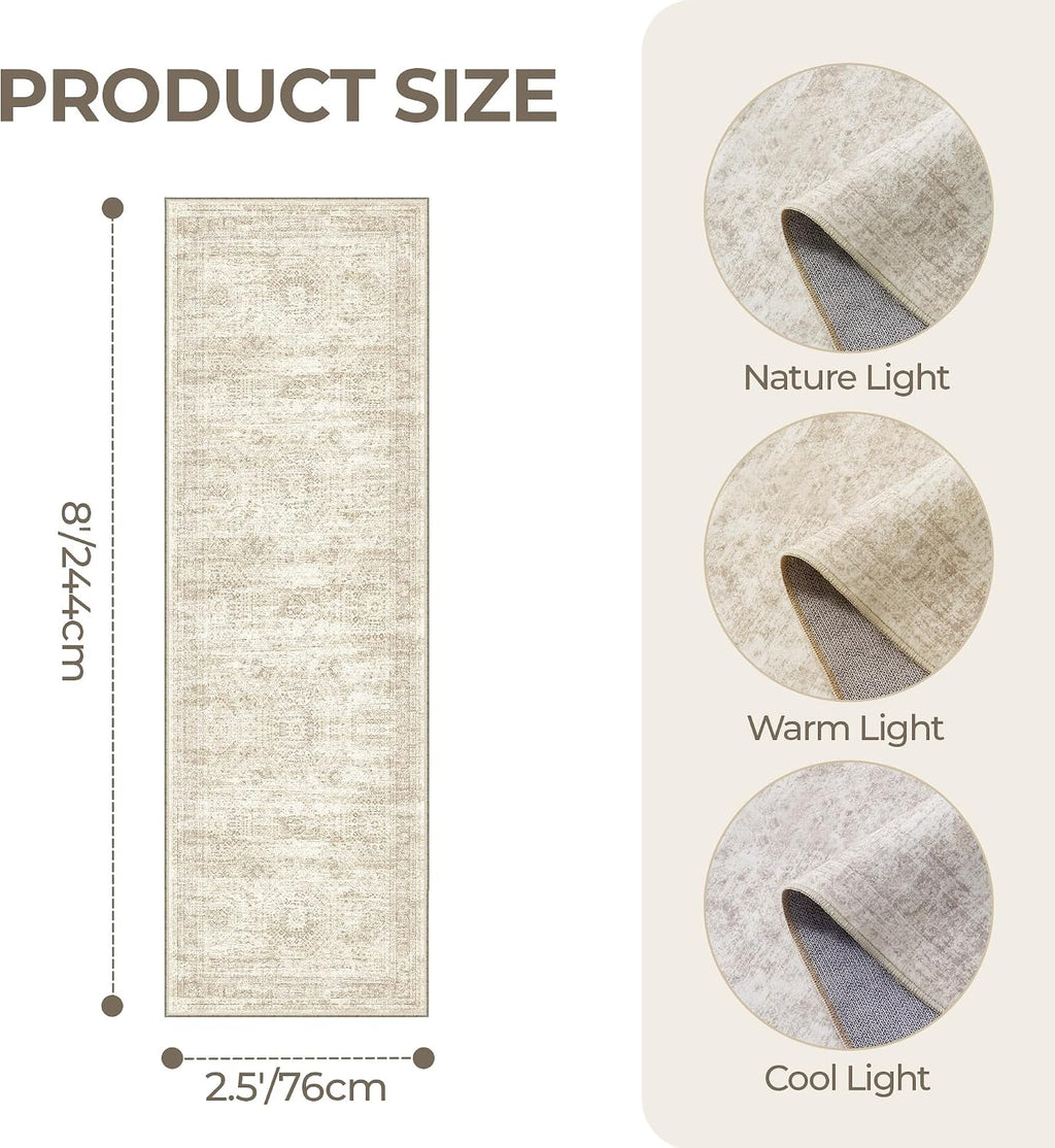 2'6 x 8' Runner Rug Non Slip,Washable Kitchen Rugs,Beige