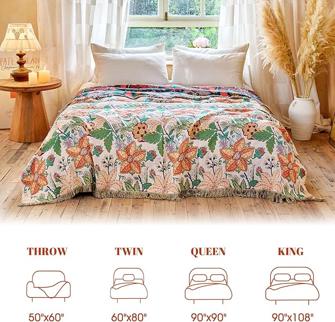 MSGKV Boho Throw Blanket for Bed Twin Size 100% Cotton Floral Blanket 60"x80" - Image 6