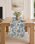 Poly and Linen Blend Table Runner, Porcelain Garden