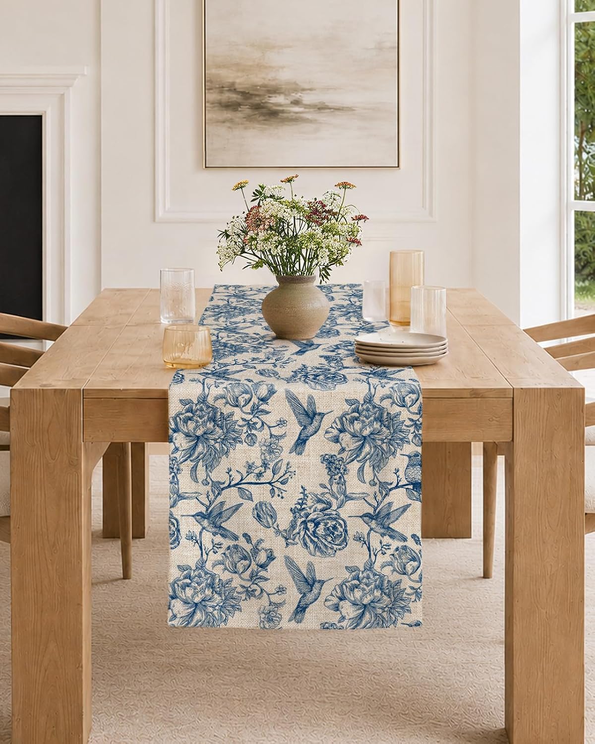 Poly and Linen Blend Table Runner, Porcelain Garden