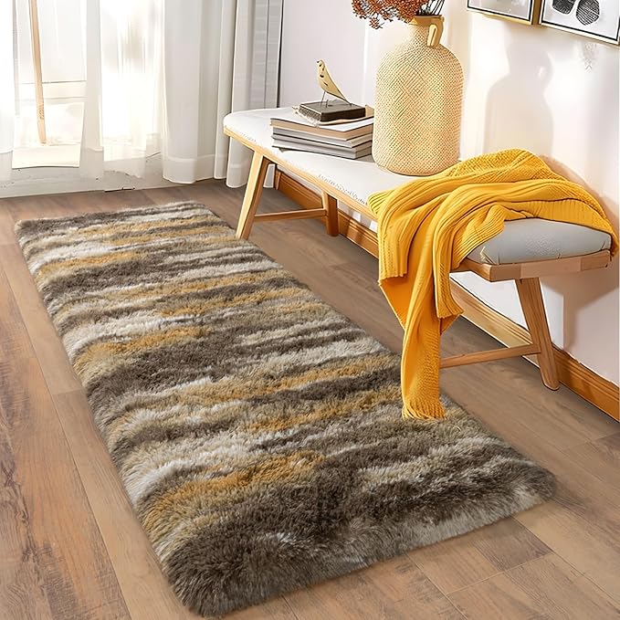 Soft Runner Rugs for Bedroom Hallways, 2x6 Abstract Brown Fluffy Shag Throw - Image 3