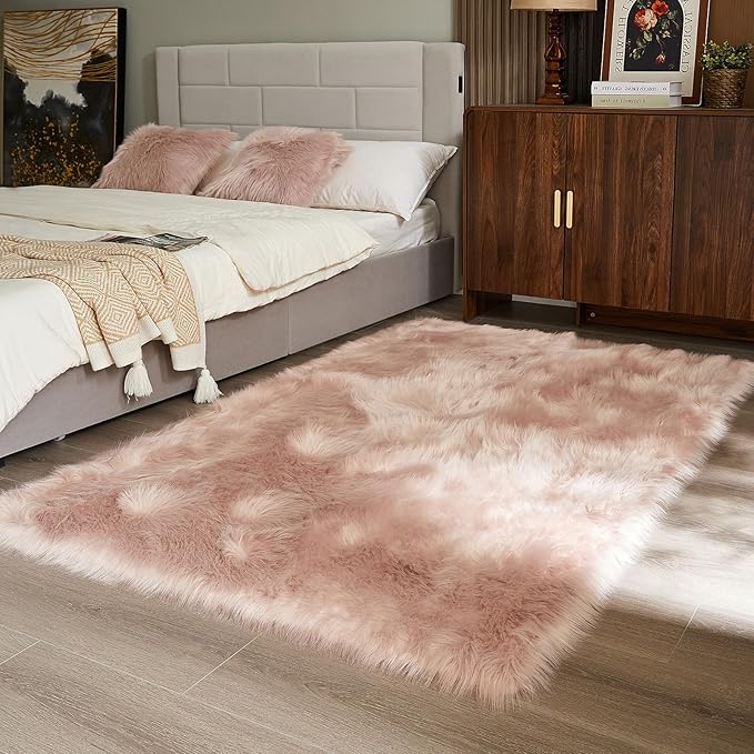 AMTOVO Faux Fur Sheepskin Rug for Living Room, 4 x 6 ft Pink Fluffy Area Rug - Image 5