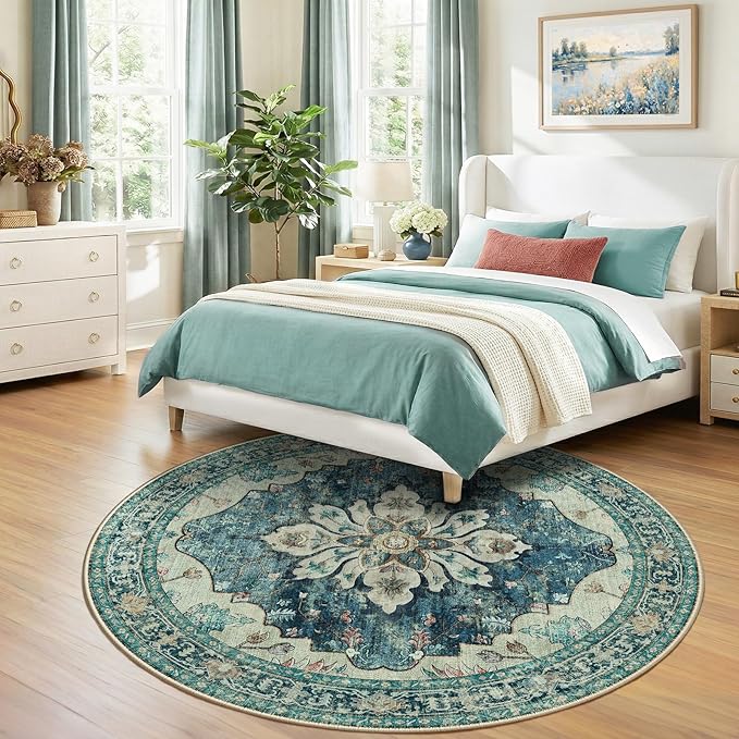 Area Rugs 7ft Washable Non-Slip, Floral Vintage Distress Print Pattern - Image 2