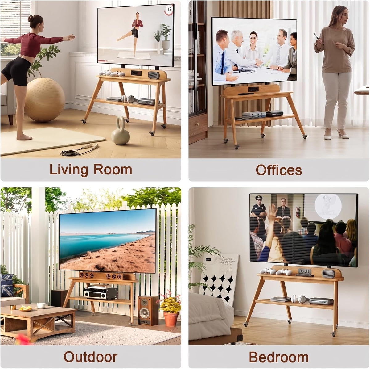 Solid Wood Rolling TV Stand with Power Outlet, Mobile TV Stand