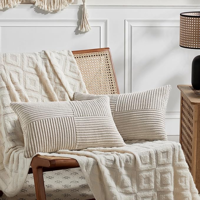 Fancy Homi 2 Packs Neutral Taupe Long Lumbar Decorative Throw Pillow Covers by Fancy+Homi