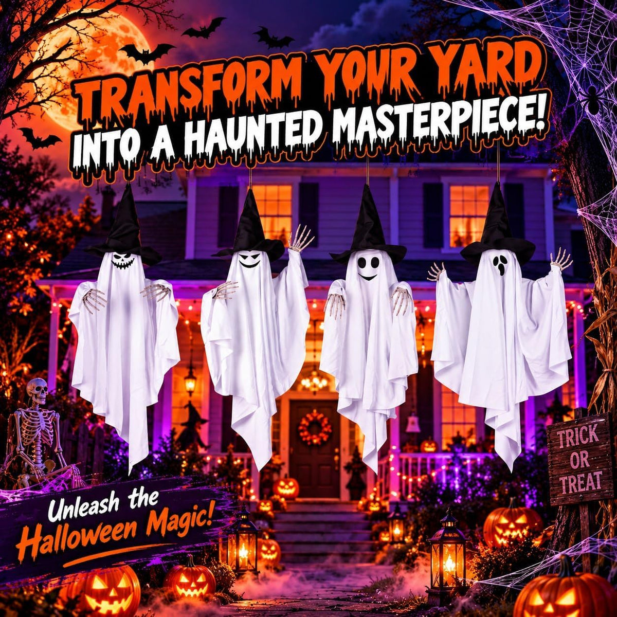 4 Pack 32 Inch Hanging Ghosts Halloween Decor, Ghost Decorations with Witch Hats & Skeleton Hands, Floating Ghost Halloween Decorations for Outside, Front Porch, Yard, Patio & Indoor Decor