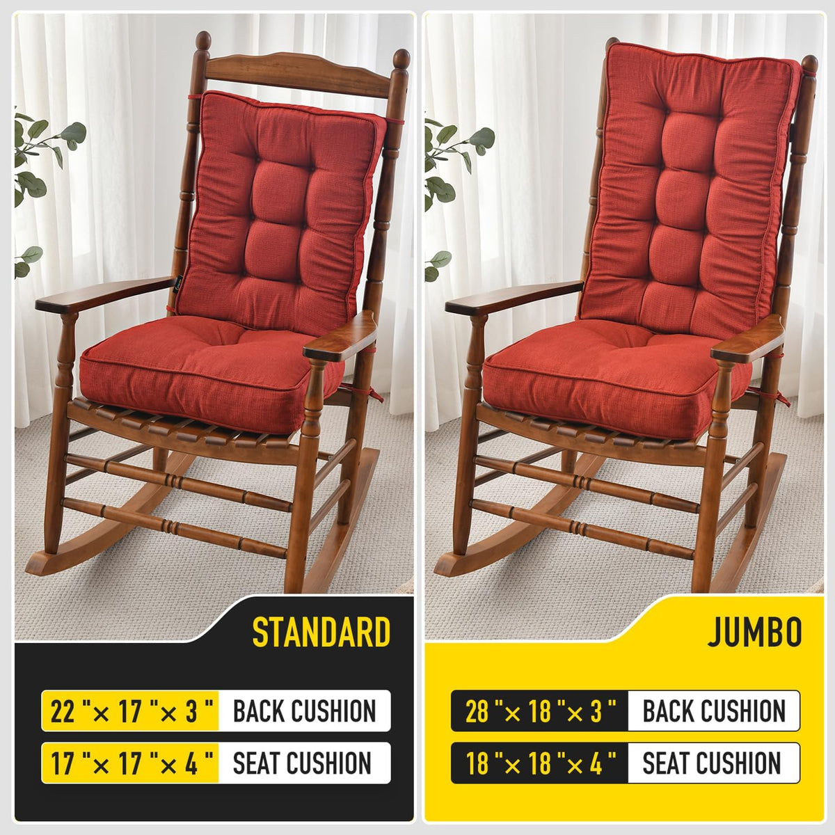 SUNROX Memory Foam Jumbo Rocking Chair Cushions, FadeShield Water Resistant Non Slip Durable Tufted Pads, Set of Seat & Back Cushion with Ties for Indoor/Outdoor Rocker, 2 Piece, Burgundy