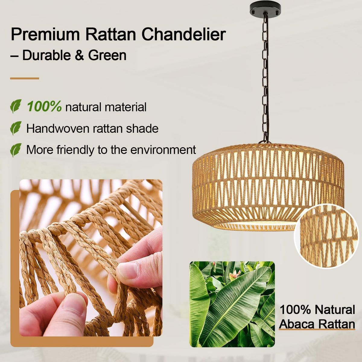 19" Rattan Chandelier for Dining Room, Boho Dining Room Light Fixture