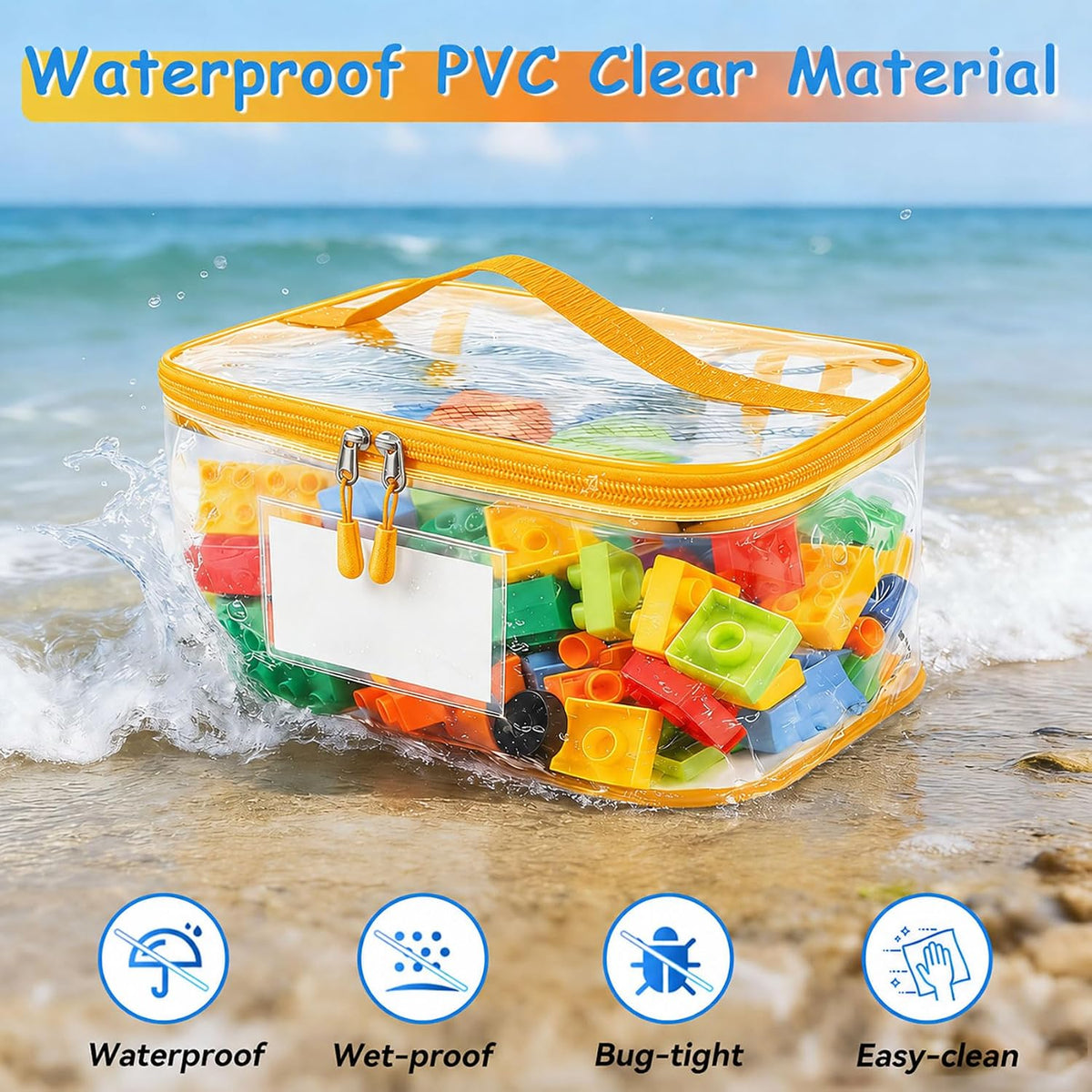 6 Pack Large Clear Toy Storage Bag with Name Tag, Waterproof PVC Toy Organizer Bags with Zipper & Manual Pocket, Toy Storage Organizer for Lego Bricks, Building Blocks, Board Games, Kid Book (6 Color)