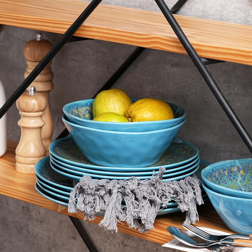 Melamine Dishes Set for 4, Kitchen Plates and Bowls Set, Rust Blue