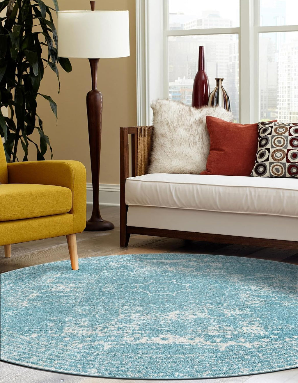 Unique Loom Bromley Collection Area Rug - Wells (3' 1" Round Aqua/Ivory)