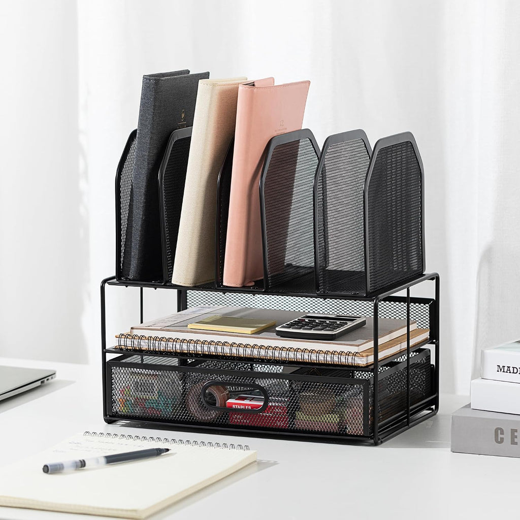 Amazon Basics Mesh Desk Organizer with Sliding Drawer, Double Tray and 5 Upright Sections, File Holder for Office Supplies, Paper Letter Tray, Black