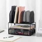Amazon Basics Mesh Desk Organizer with Sliding Drawer, Double Tray and 5 Upright Sections, File Holder for Office Supplies, Paper Letter Tray, Black