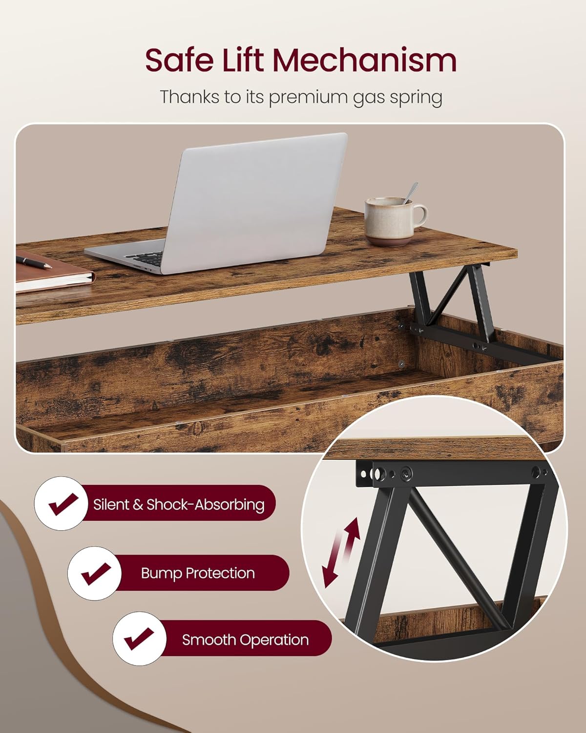 VASAGLE Lift Top Coffee Table with Hidden Storage, Gas Spring