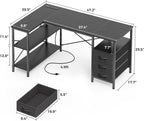 Huuger L Shaped Office Desk with Power Outlets & 3 Drawers