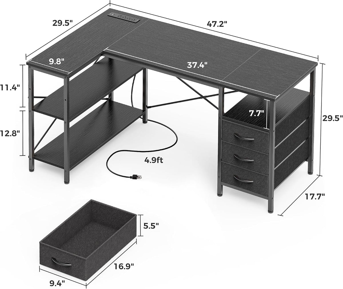 Huuger L Shaped Office Desk with Power Outlets & 3 Drawers