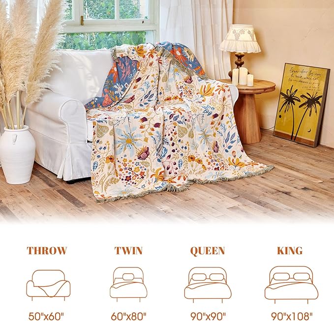 MSGKV Boho Throw Blanket for Bed 100% Cotton Floral Twin Size Couch Blanket - Image 6