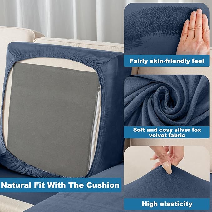 Couch Cover 4-Piece Elastic Velvet Couch Cushion Covers & Chaise Slipcovers - Image 5