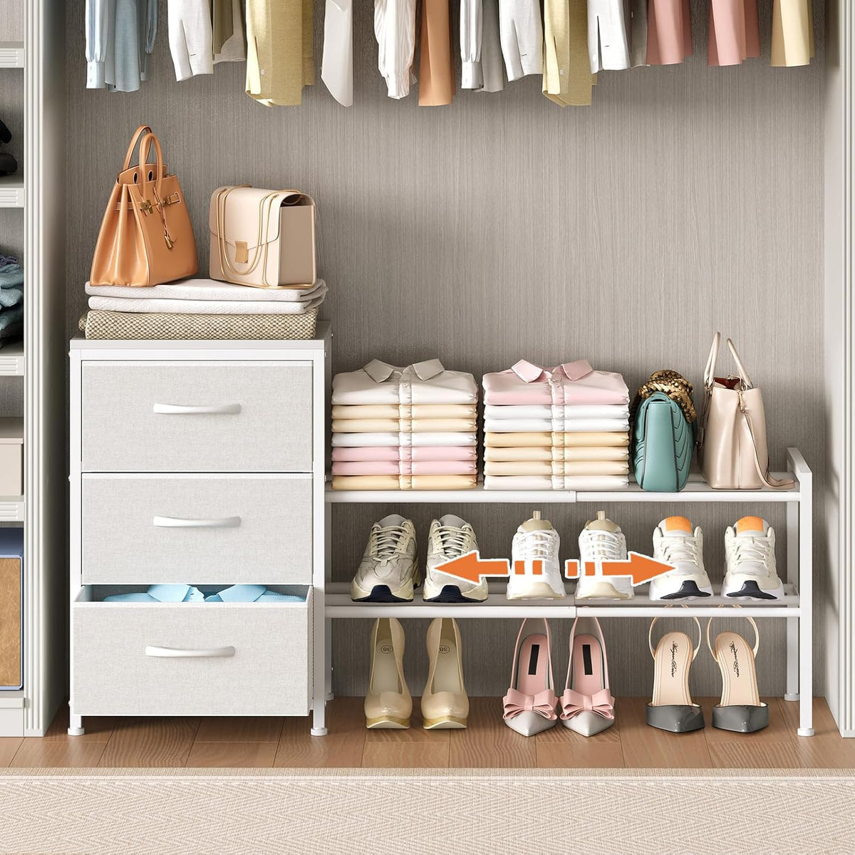 Cidaziya Expandable Closet Organizers and Storage, White Fabric Storage Dresser, 3 Drawer Dresser, Clothes Shelves for Kids, Purse Organizer Small Shoe Rack for Closet Bedroom Dorm(31.29~43.42 in)