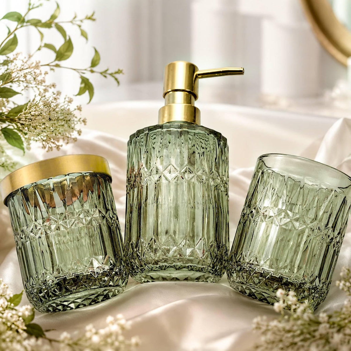 Green Bathroom Accessories Set, 5Pcs Clear Glass Green Accessories with Lotion Soap Dispenser, Soap Dish, Toothbrush Holder, Tumbler, Cotton Swab Jar, Modern Bathroom Decor Crystal Vintage Gift