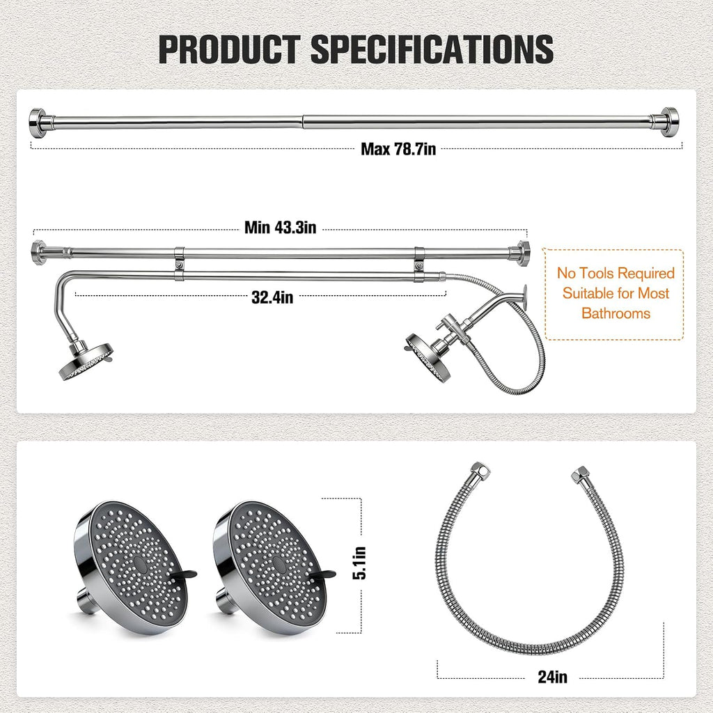 Tandem Shower System for Couples, Dual Shower Head for Two People, Double Bathroom Shower with Adjustable Height & 180° Rotation, High Pressure Design, Silver