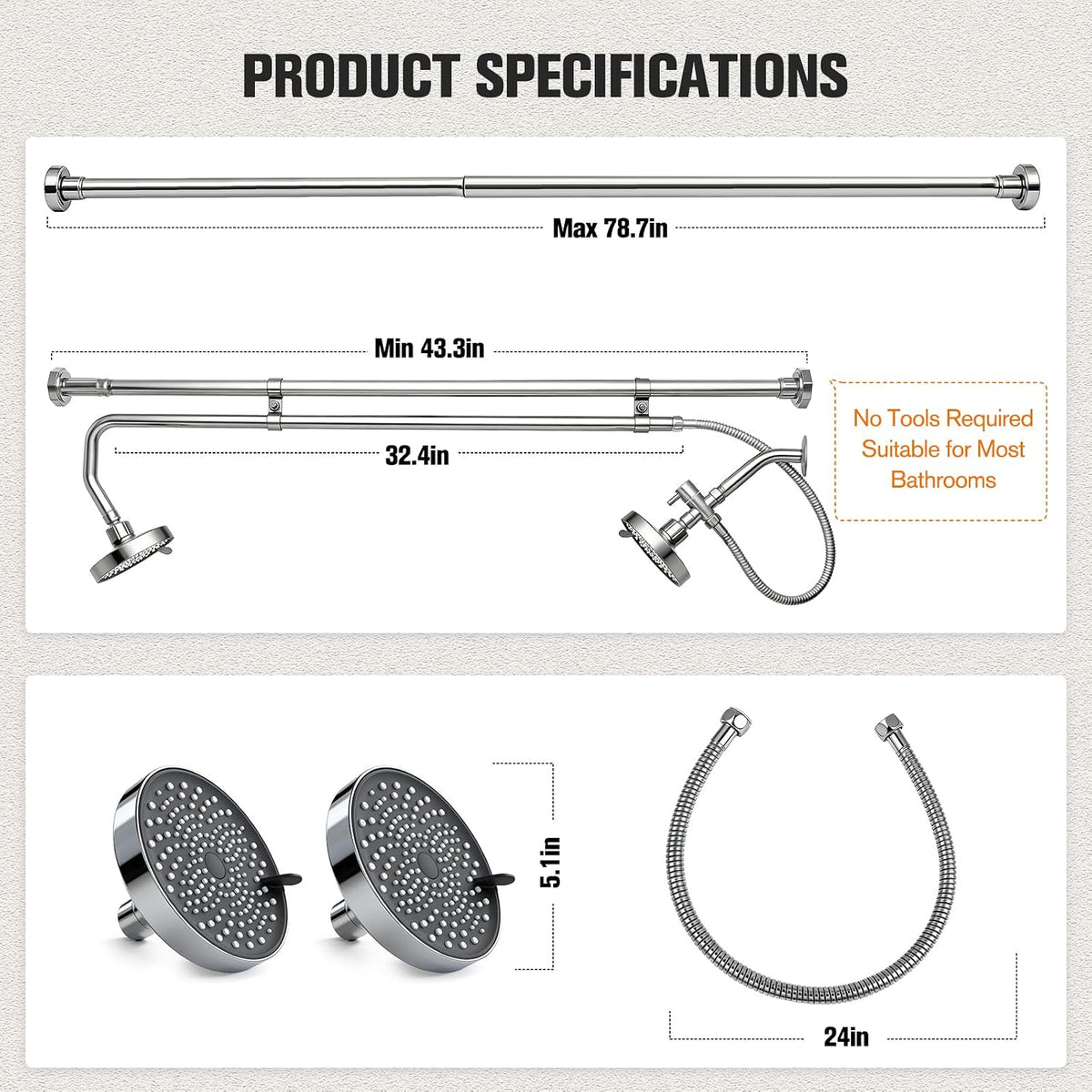 Tandem Shower System for Couples, Dual Shower Head for Two People, Double Bathroom Shower with Adjustable Height & 180° Rotation, High Pressure Design, Silver