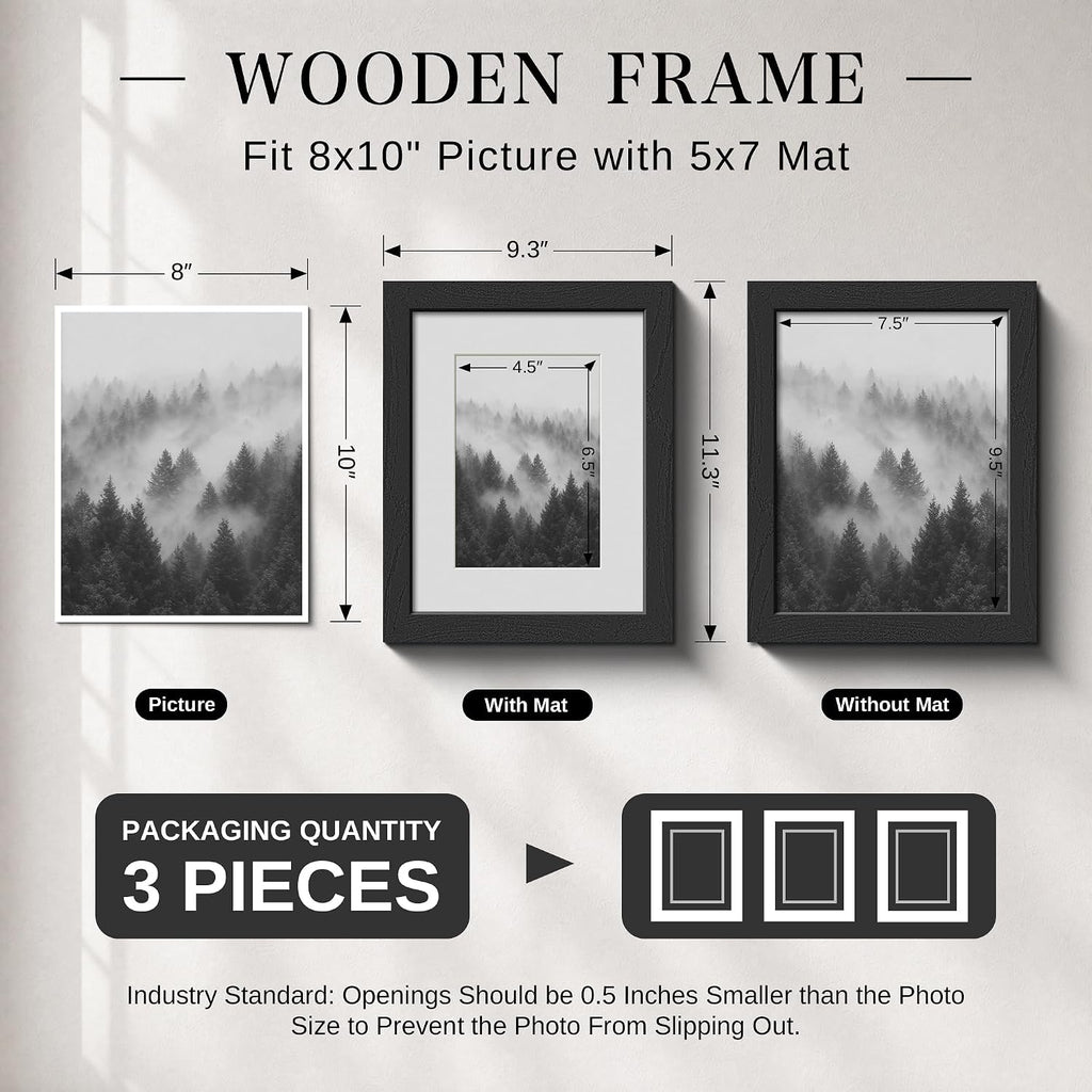 VCK 8x10 Picture Frame 3 Pack, Black Solid Wood, Real Glass, for Photo
