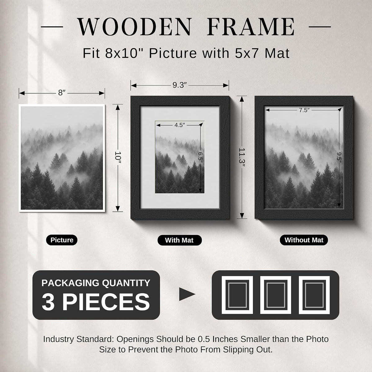 VCK 8x10 Picture Frame 3 Pack, Black Solid Wood, Real Glass, for Photo
