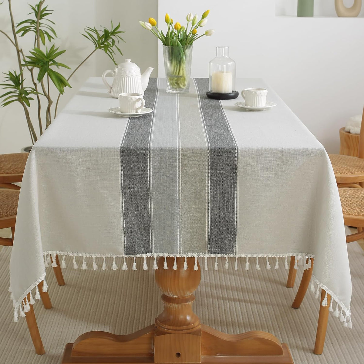 Cotton Linen Tablecloth, Water Resistant Holiday Table Cloth for Rectangle Table with Tassel, Washable Heavy Duty Wrinkle Free Table Cover for Dining Picnic, 90 X 55 Inch