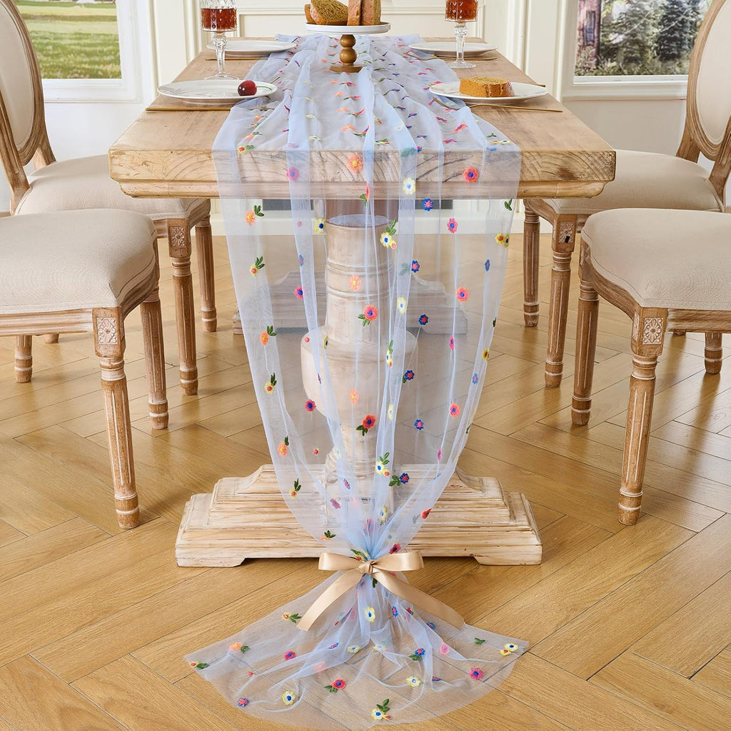 BINBE 6pcs Daisy Spring Table Runner Embroidery Gauze 10FT Florals Seasonal Tulle Holiday Birthday Kitchen Dining Table Decor for Home Party Blue