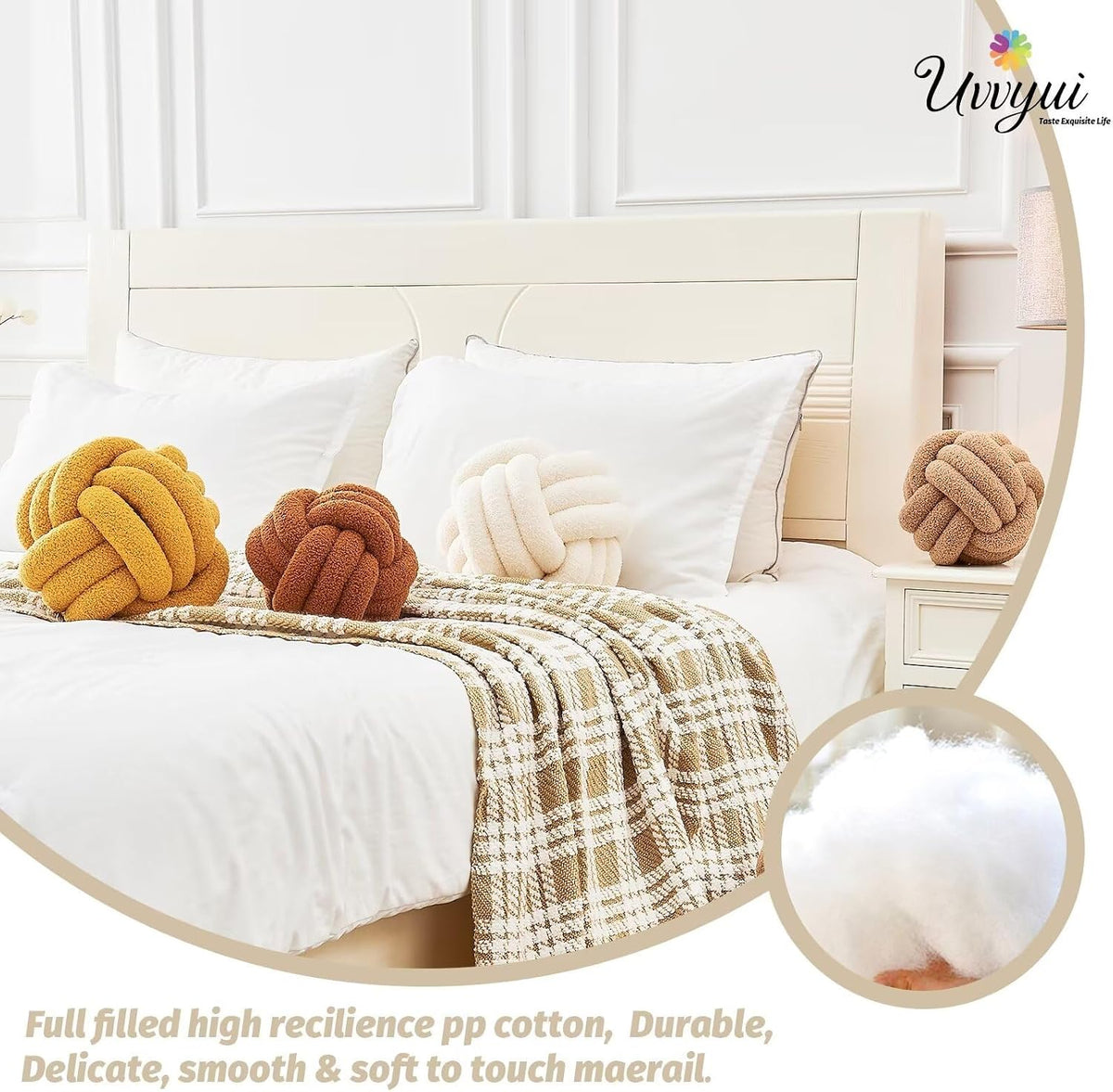 Uvvyui Knot Pillow Ball, Soft Home Decorative Round Throw Pillow, Handmade Knotted Plush Pillow, Round Boucle Pillow Cushion (8.6 Inches Ivory)