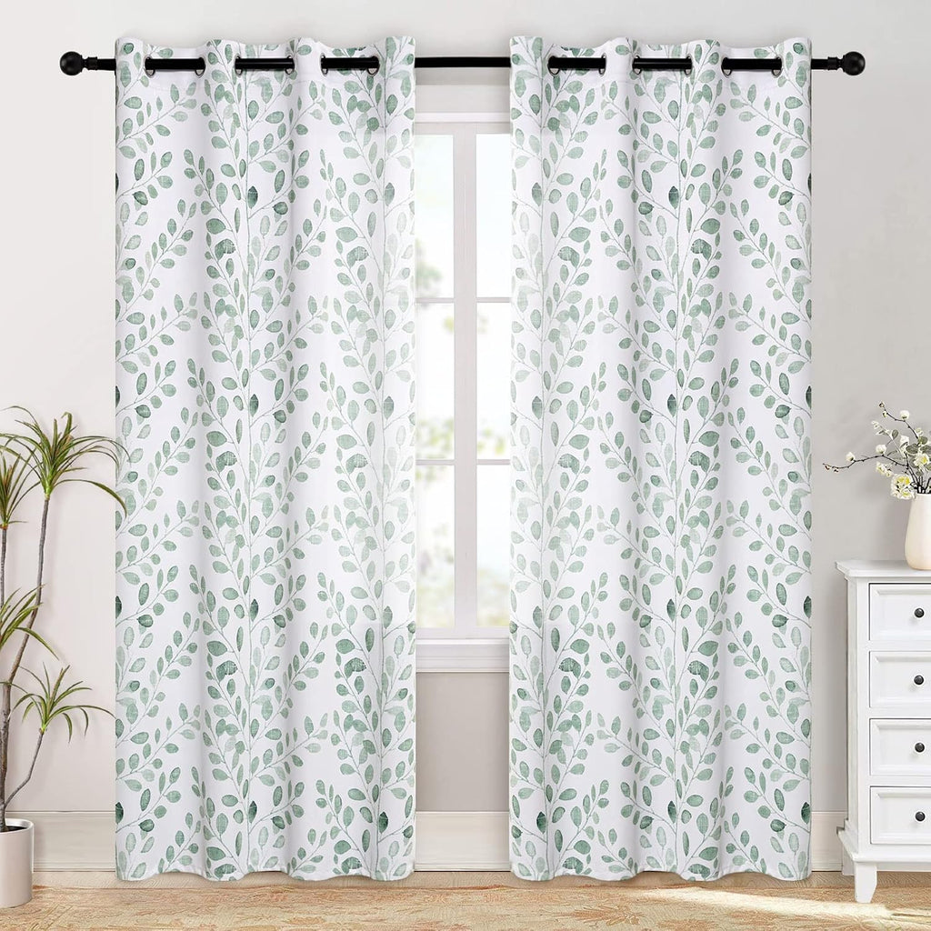 MYSKY HOME Green Leaf Curtains 84 Inch Length for Bedroom Grommet 2 Pcs