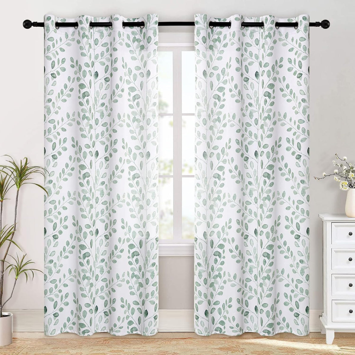 MYSKY HOME Green Leaf Curtains 84 Inch Length for Bedroom Grommet 2 Pcs