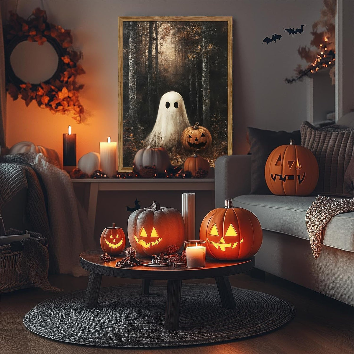 Framed Vintage Halloween Ghost Canvas Wall Art, Cute Ghost Pumpkin Wall Decor Paintings, Gothic Dark Academia Pictures Prints Spooky Fall Forest Home Decor for Living Room Bedroom 12x16 inch